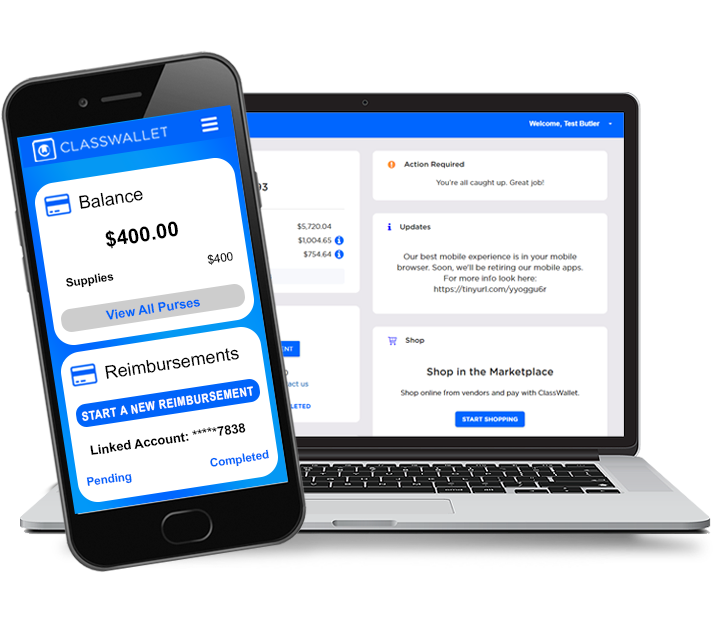 Company illustration of the ClassWallet wallet balance, reimbursement and shopping interface on phone and laptop