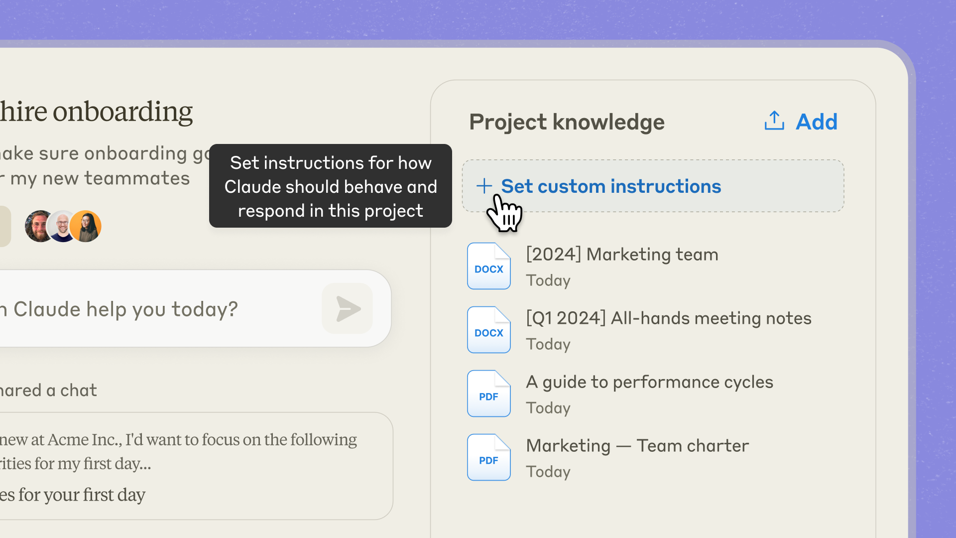 Claude Projects interface showing custom project instructions and reference documents