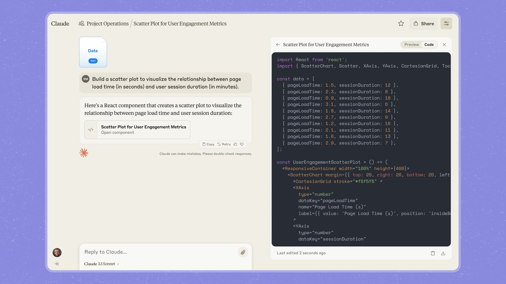 Claude conversation with a React chart Artifact open in a code panel