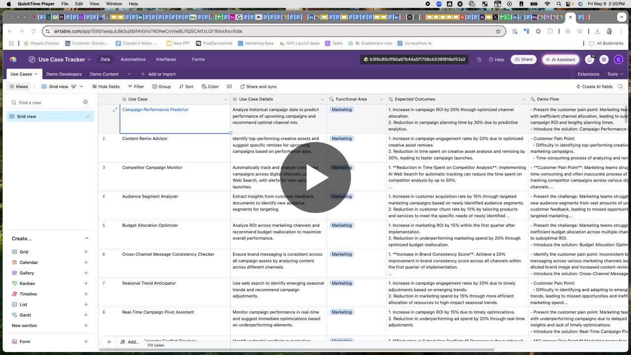 Airtable use-case tracker shown in Claudia Michon's product marketing demo