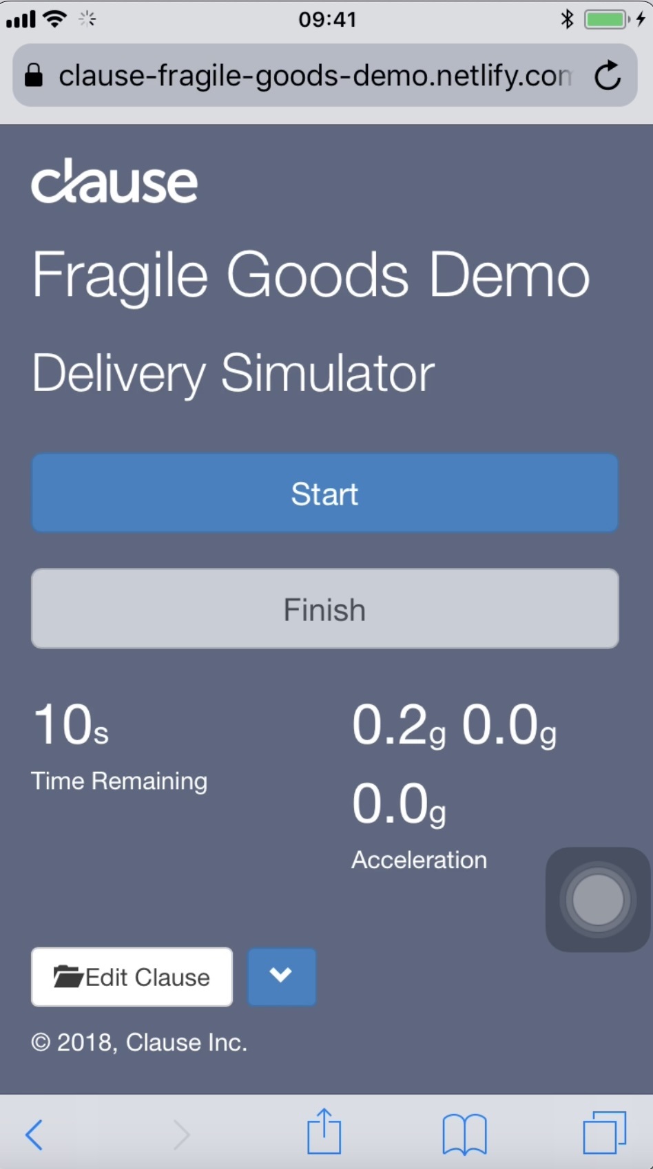 Clause’s 2018 fragile-goods delivery demo displaying a timer and acceleration readings
