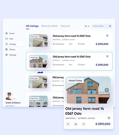 BidHom marketing interface showing property listings and a property card