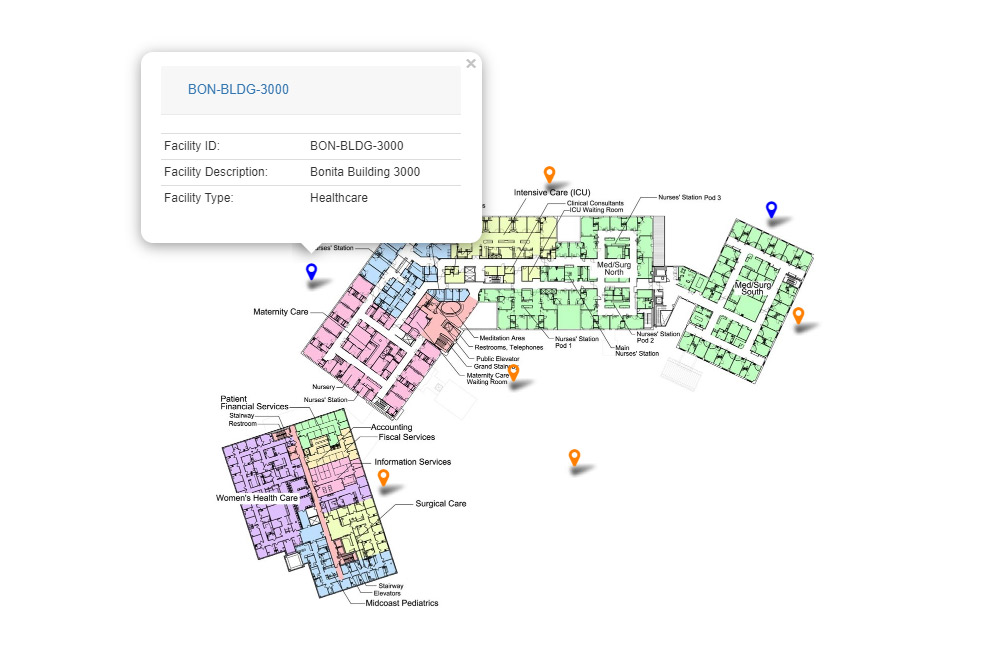 CleanMaint product illustration showing a healthcare facility floor plan with colored location pins and a location record