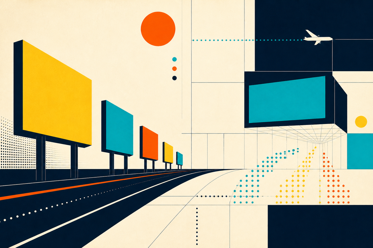 Abstract Swiss-style illustration of roadside billboards, airport media and measured audience paths