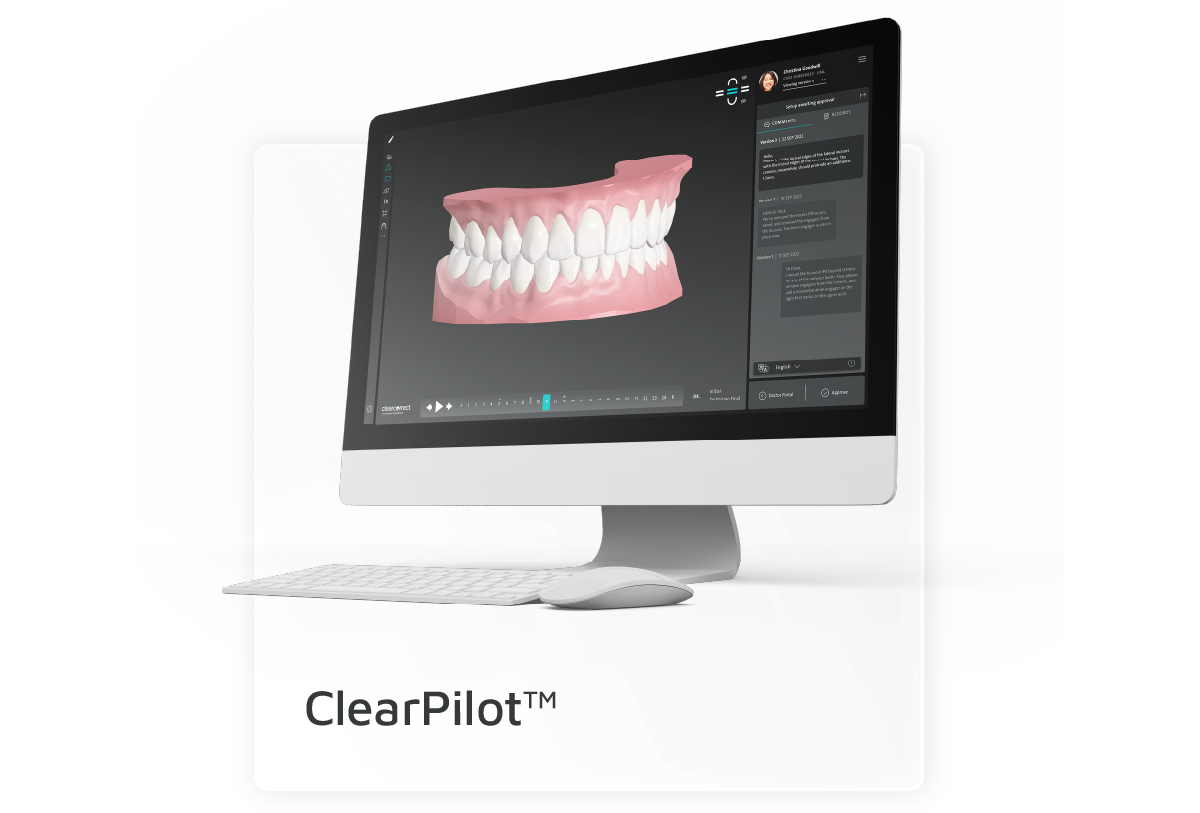 ClearPilot treatment planning interface showing a digital model of teeth