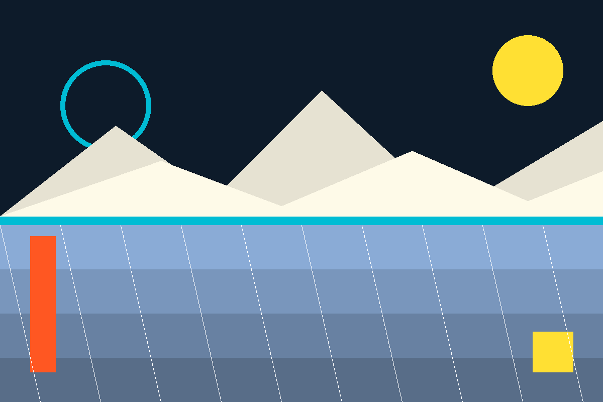Minimalist Swiss-style graphic of a lake, mountains and geometric shapes