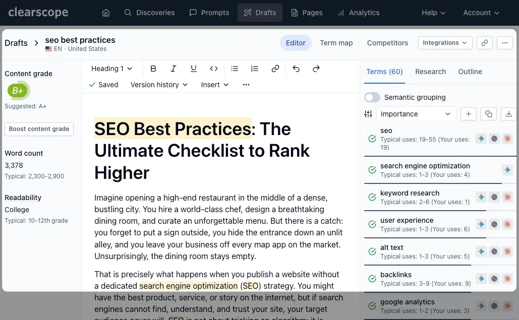 Clearscope Draft editor showing a B-plus grade, readability, word count and recommended terms