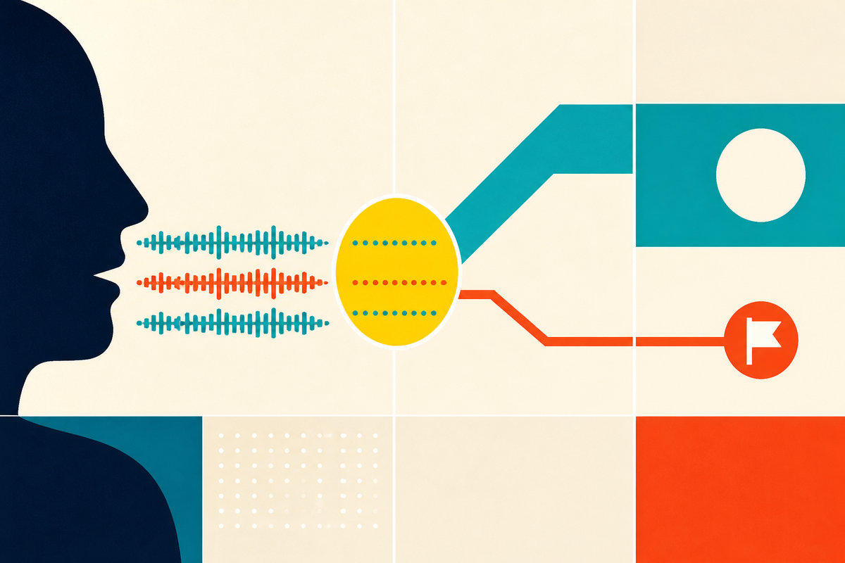 Abstract Swiss-style illustration of voice signals passing through a checkpoint and splitting into two routes