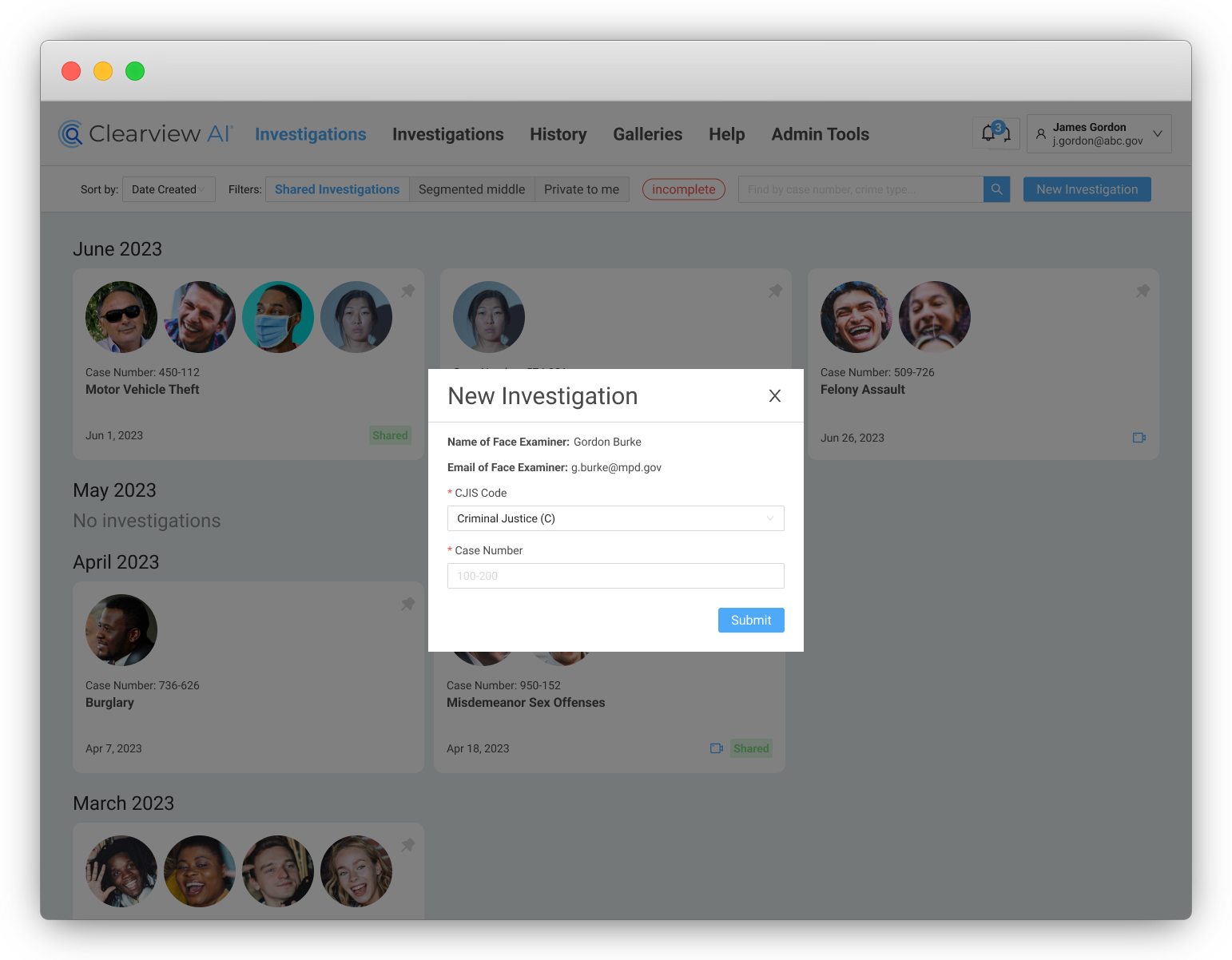 Clearview illustrative interface showing a new investigation intake form
