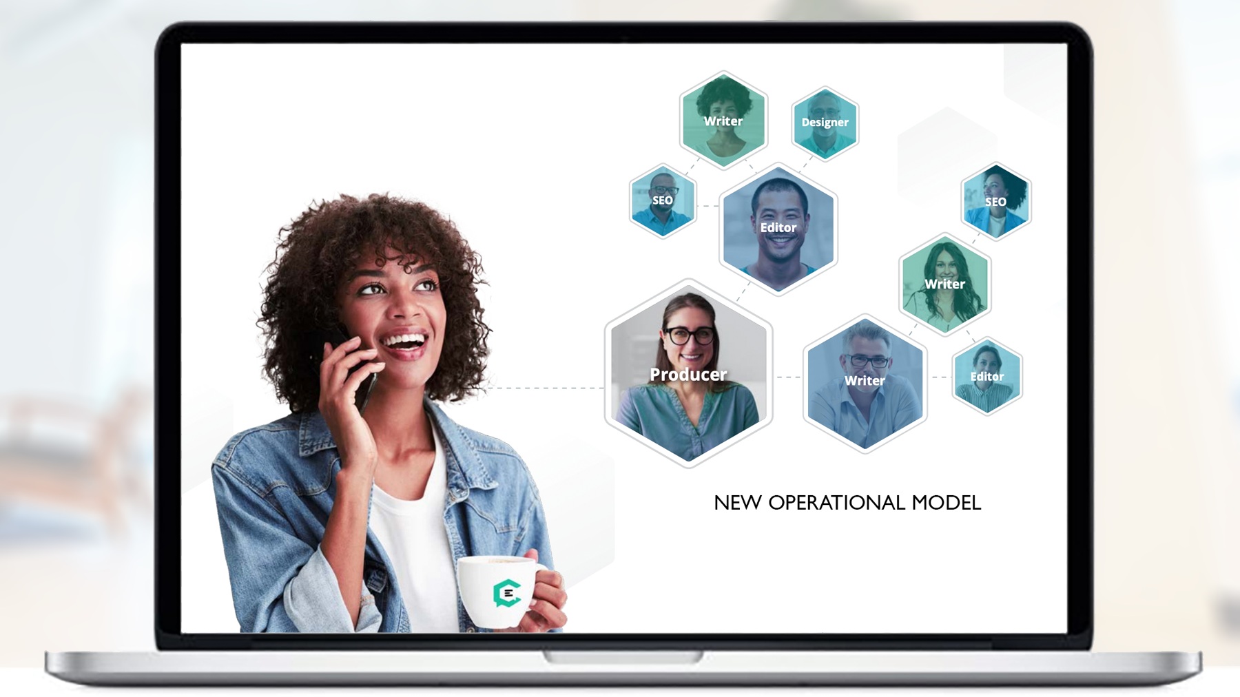 Historical ClearVoice marketing illustration showing a producer coordinating writers, editors, designers and SEO specialists