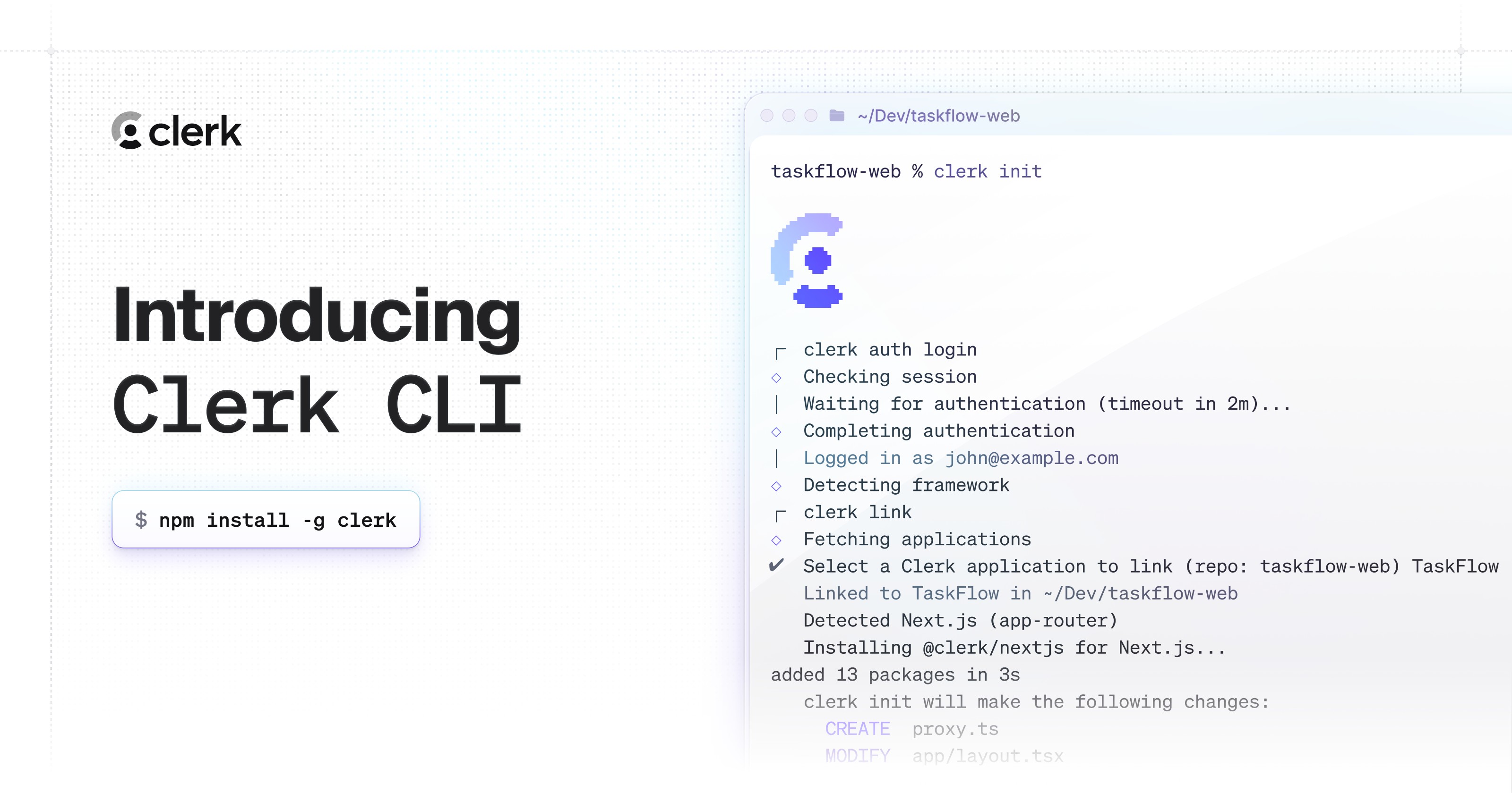 Clerk CLI announcement image showing a terminal workflow and clerk init command