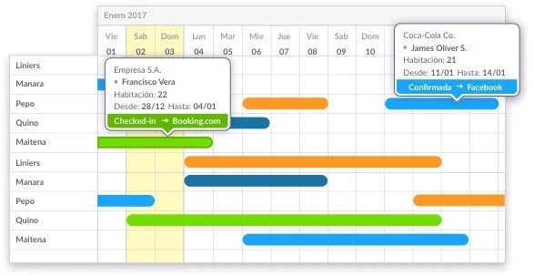 Clerk PMS reservation grid with room rows and colored booking bars