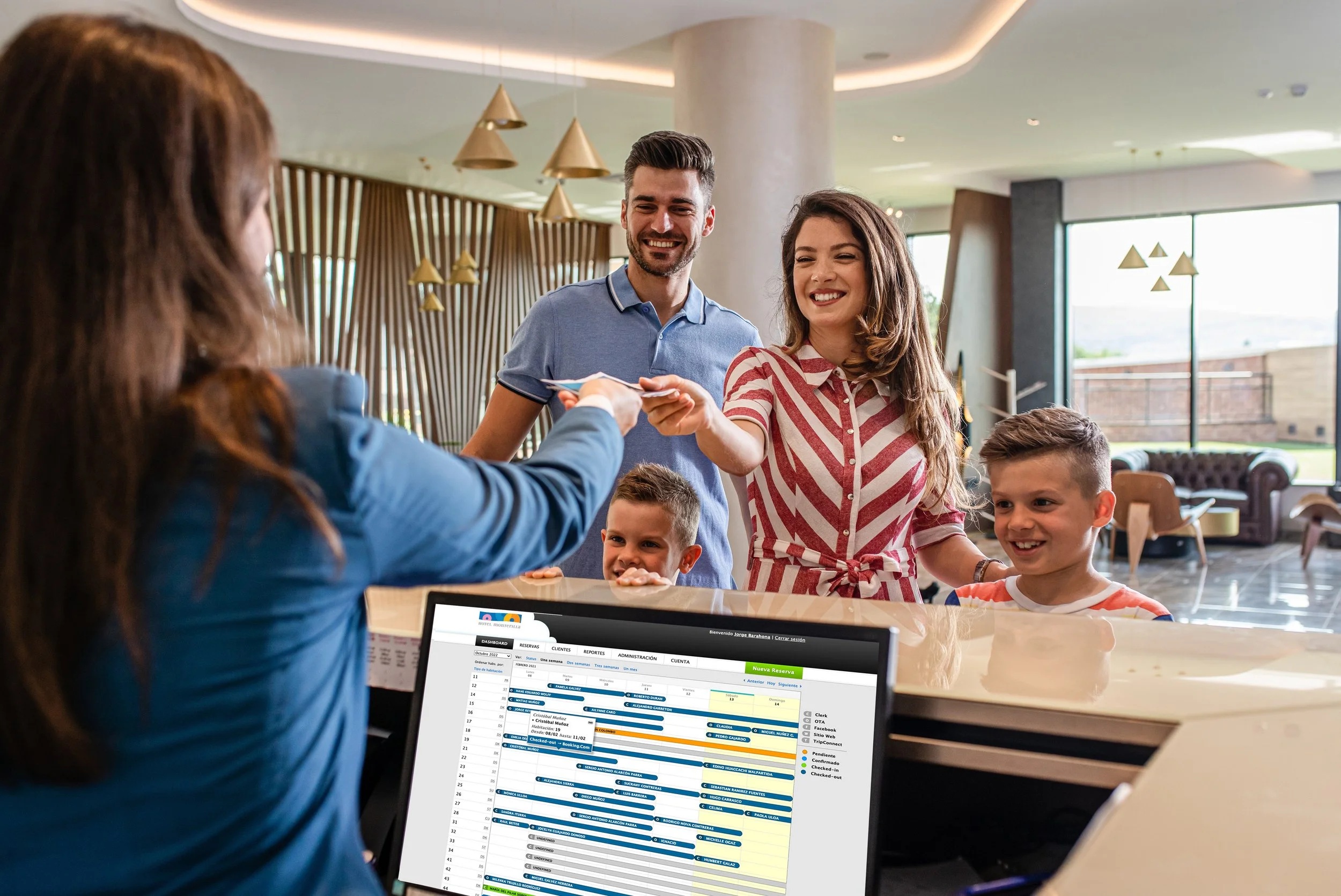 Clerk promotional composite showing a family checking in and its reservation calendar on a reception screen
