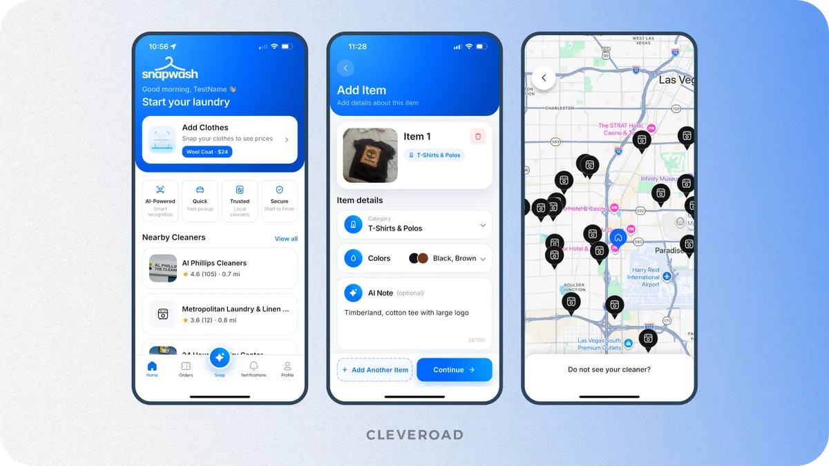 Three SnapWash app screens showing laundry ordering, garment details and a map