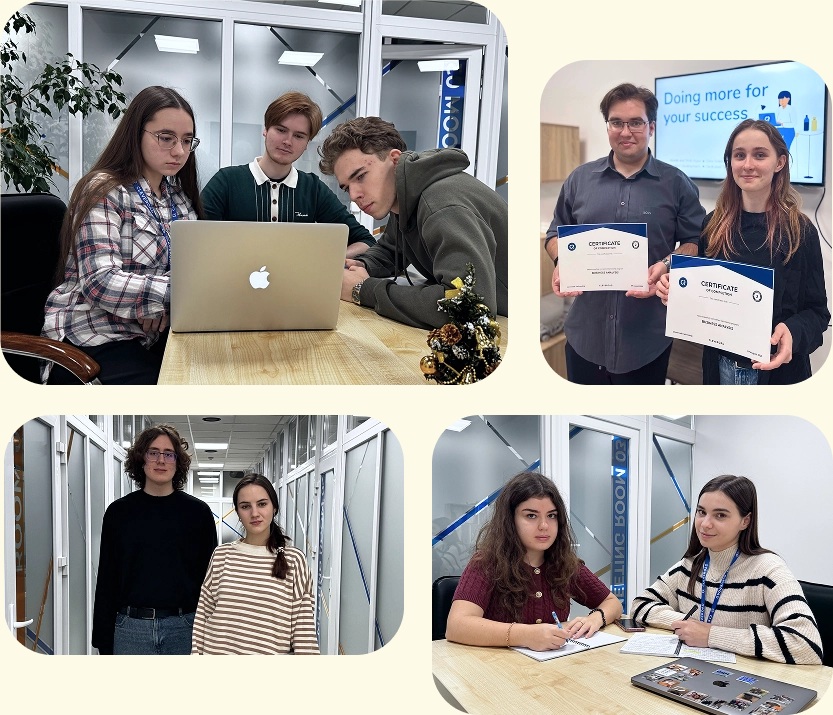 Cleveroad education collage with participants working at laptops and holding certificates