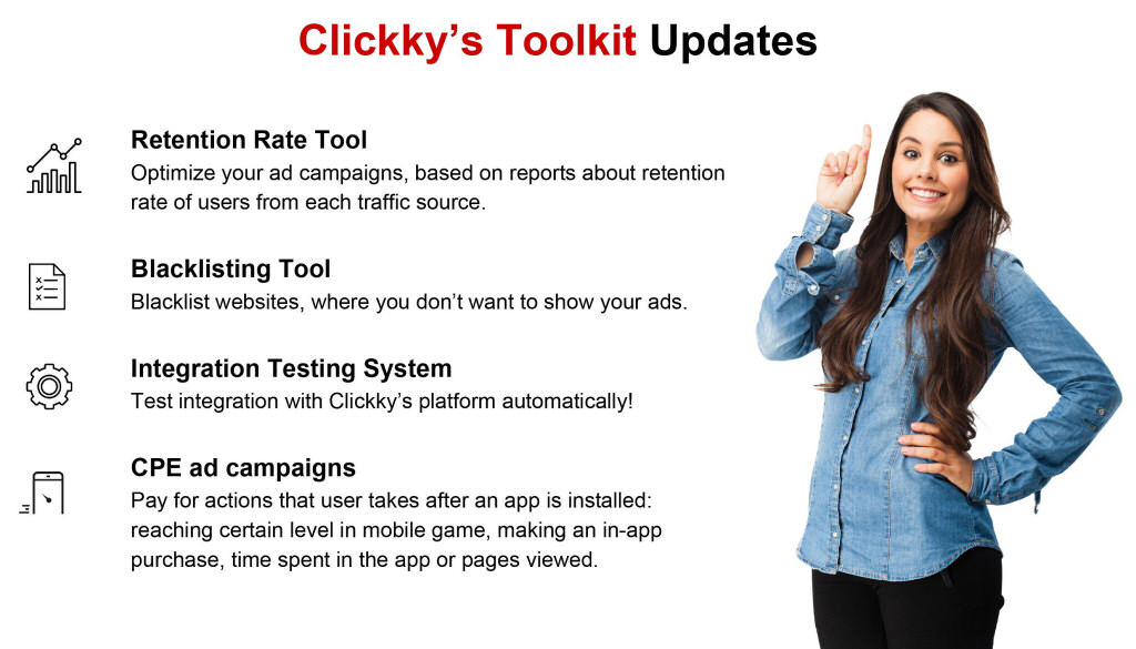 Clickky's 2016 promotional roadmap listing retention reporting, blacklisting, integration testing and engagement campaigns