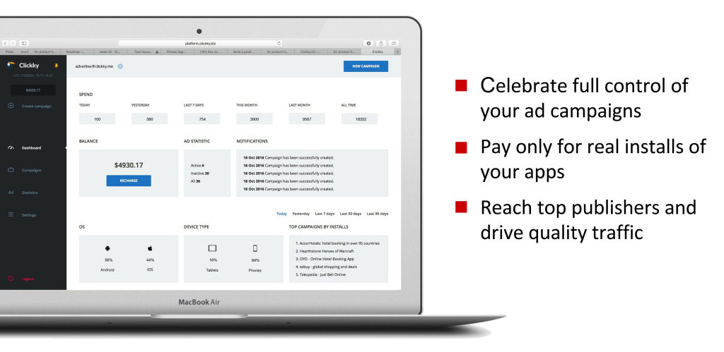 Clickky's 2016 promotional graphic showing its advertiser dashboard on a laptop