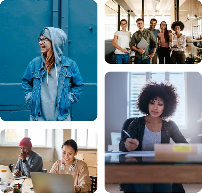 Collage from Clicklease’s About page showing people working and posing together