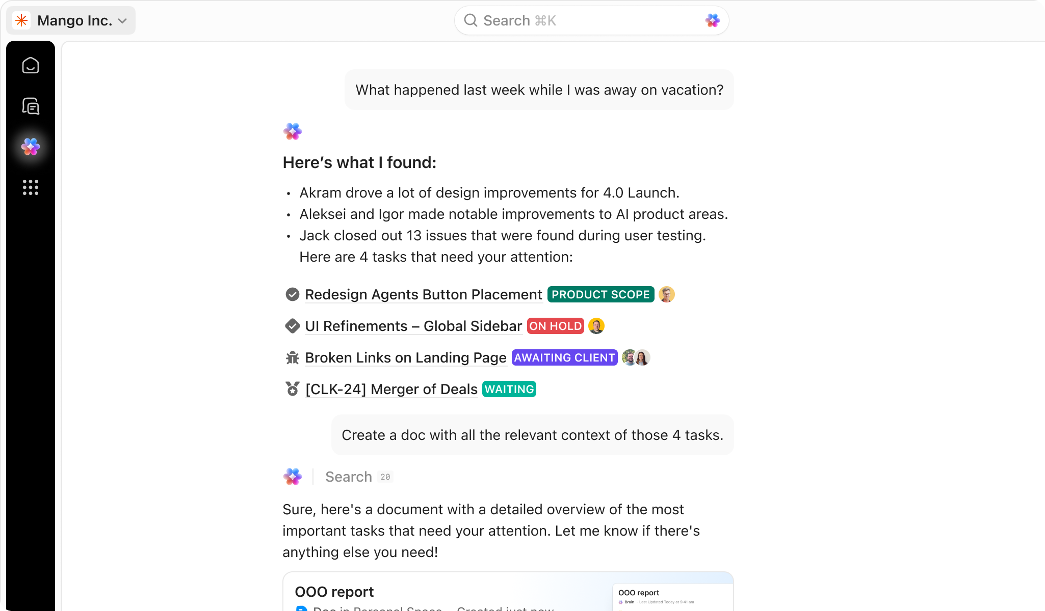 ClickUp’s official Brain interface screenshot