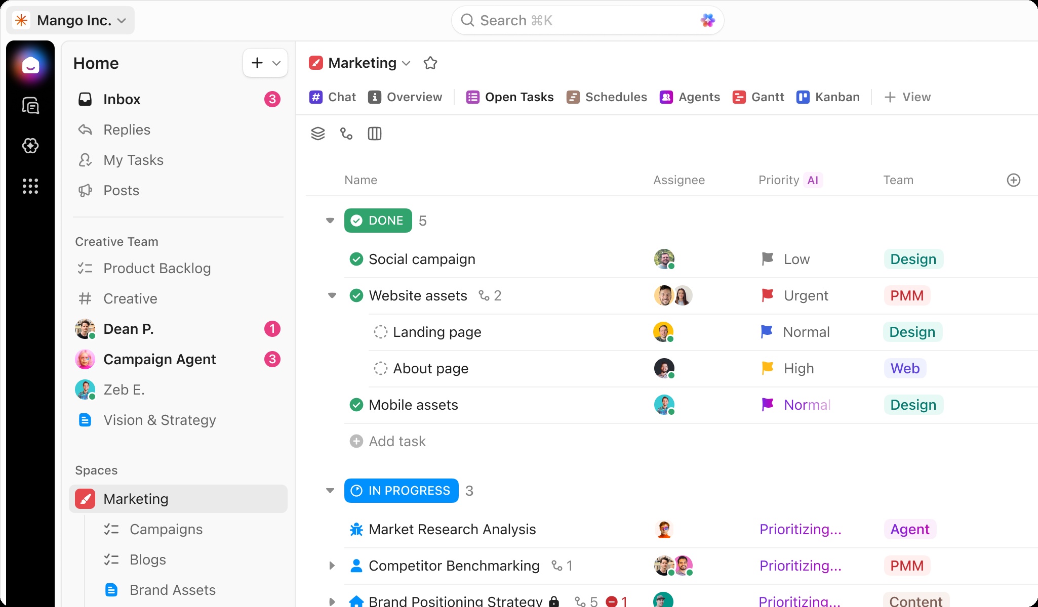 Official ClickUp project interface showing tasks organized within a shared workspace