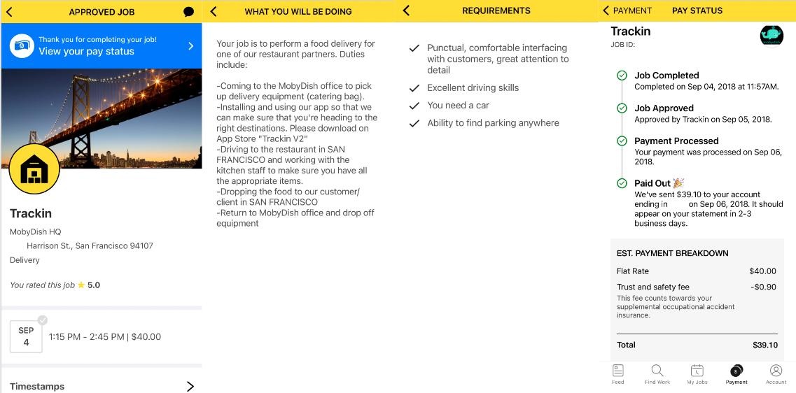A Wonolo job screenshot showing a catering delivery assignment and the completed payout sequence
