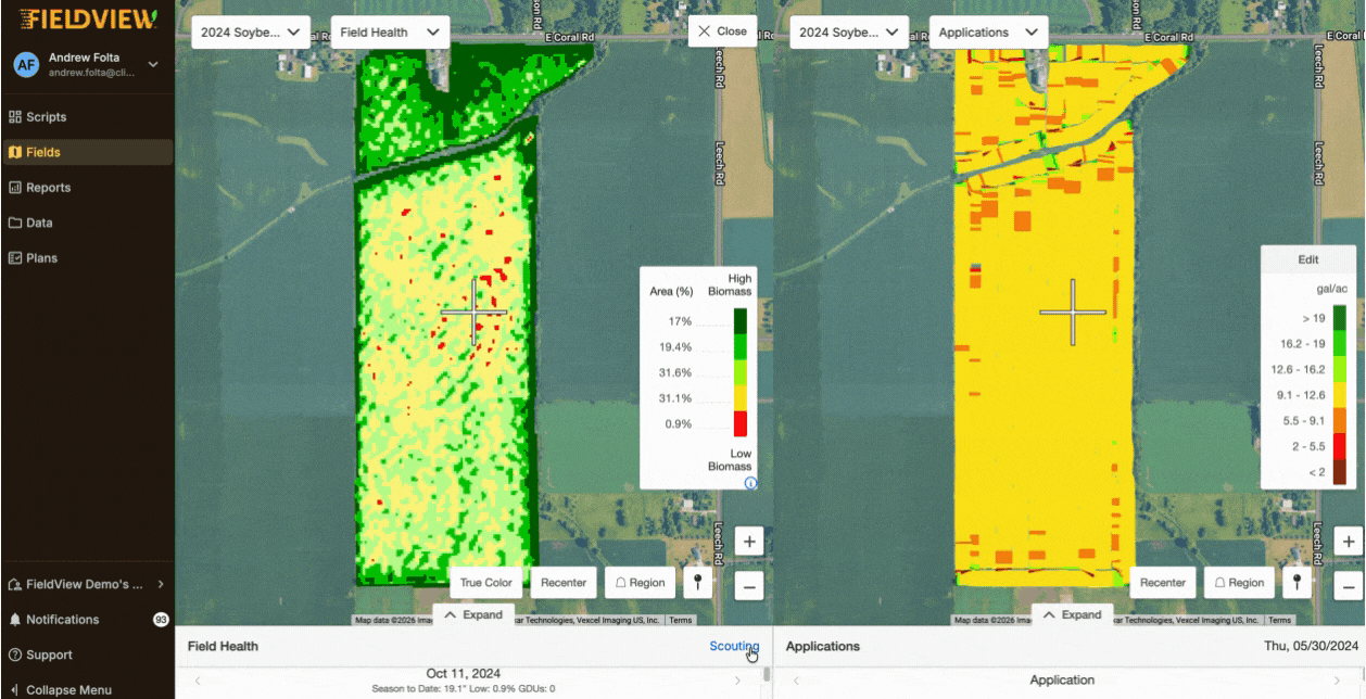 FieldView demonstration comparing application records and scouting imagery side by side