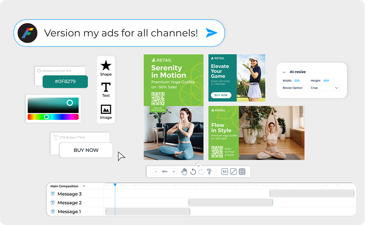 Clinch Flight Control interface showing a command to version ads for multiple channels