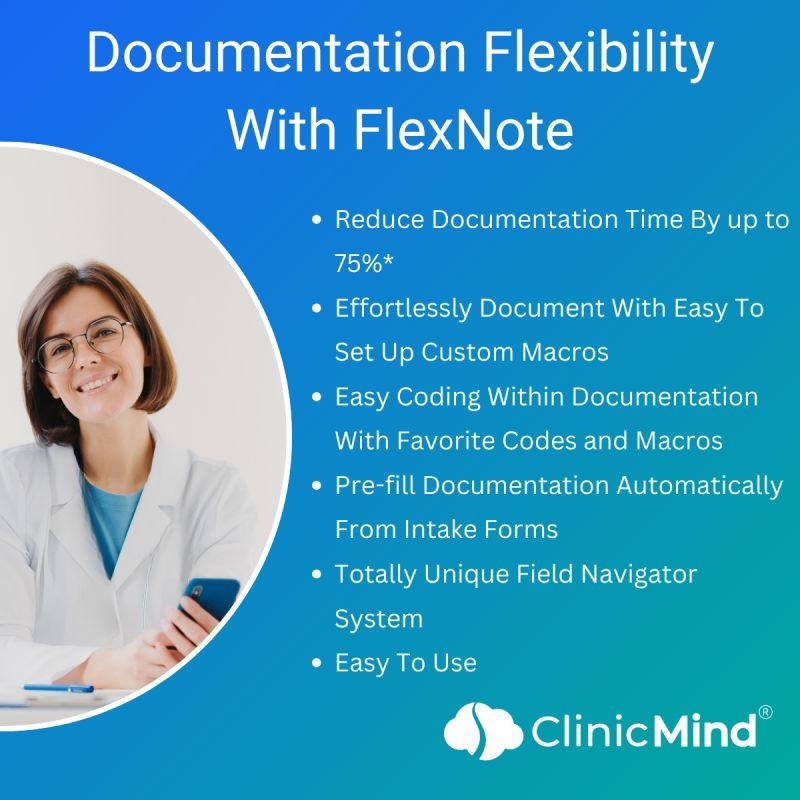 ClinicMind’s FlexNote product artwork describing macros, intake prefill and documentation tools