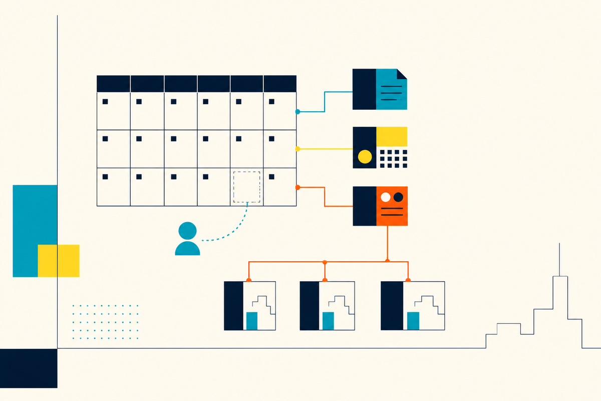 Abstract Swiss-style illustration of a clinic calendar connected to records, payments, communications and branches