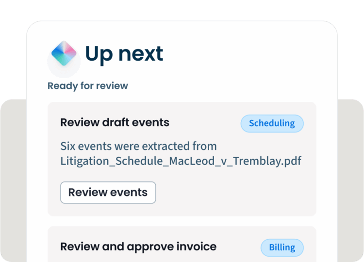 Clio Manage AI scheduling interface showing extracted court deadlines and calendar events