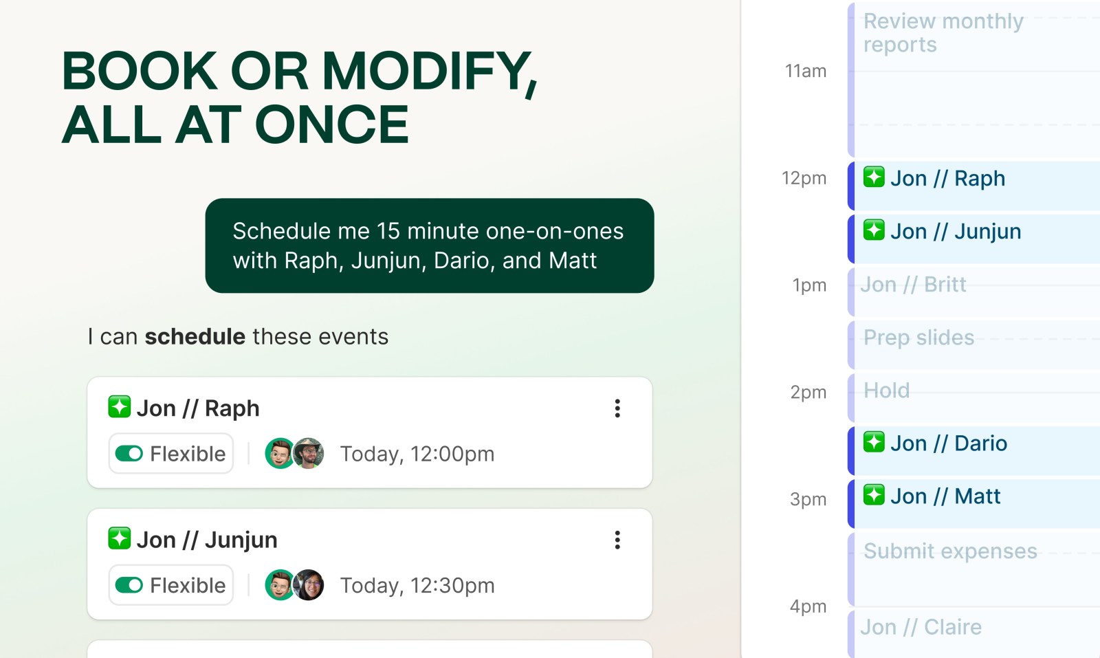 Clockwise Calendar bulk-scheduling four short one-on-one meetings from a natural-language request
