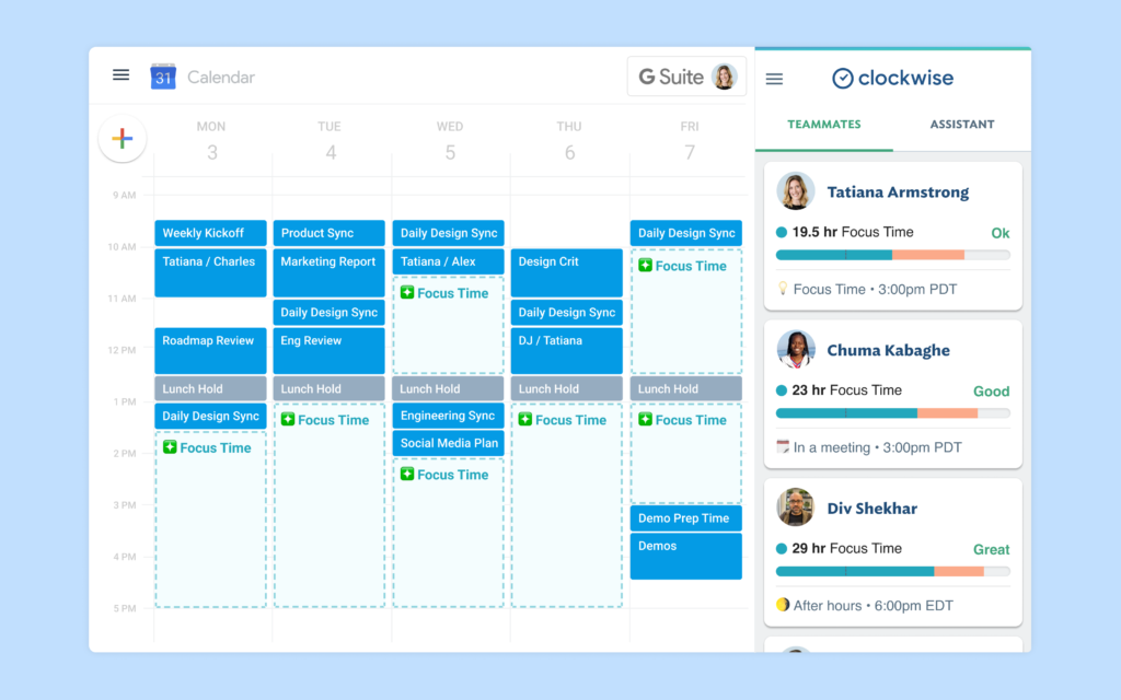 Clockwise beside Google Calendar showing Focus Time blocks and team focus analytics