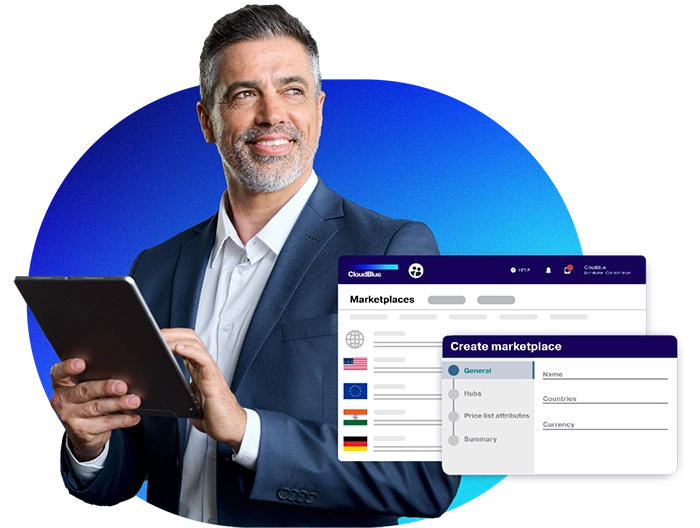 CloudBlue promotional composite showing a marketplace creation interface with country and currency options