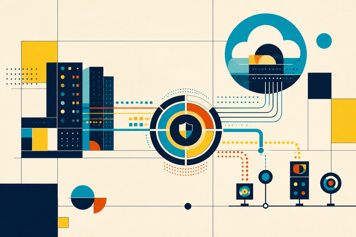 Abstract Swiss-style illustration showing data centers, cloud systems and edge nodes connected through a governed core