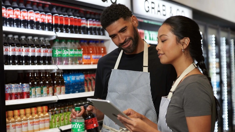Two people checking a tablet beside shelves of Coca-Cola products