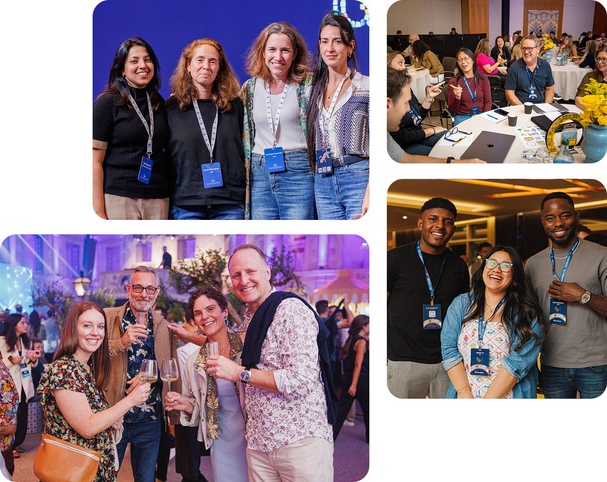 Collage of Cloudinary colleagues talking and socializing at company events