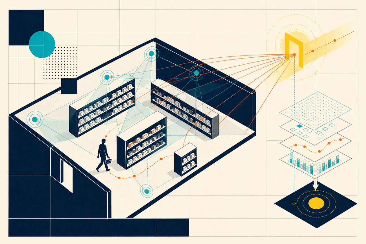 Abstract Swiss-style illustration of a cashierless shop mapped by cameras, shelf sensors, and a digital twin