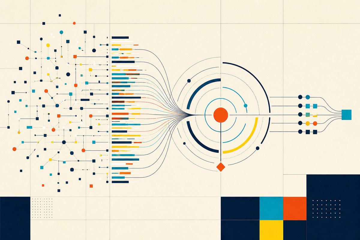 Abstract Swiss-style illustration of fragmented signals converging into a clear diagnostic target