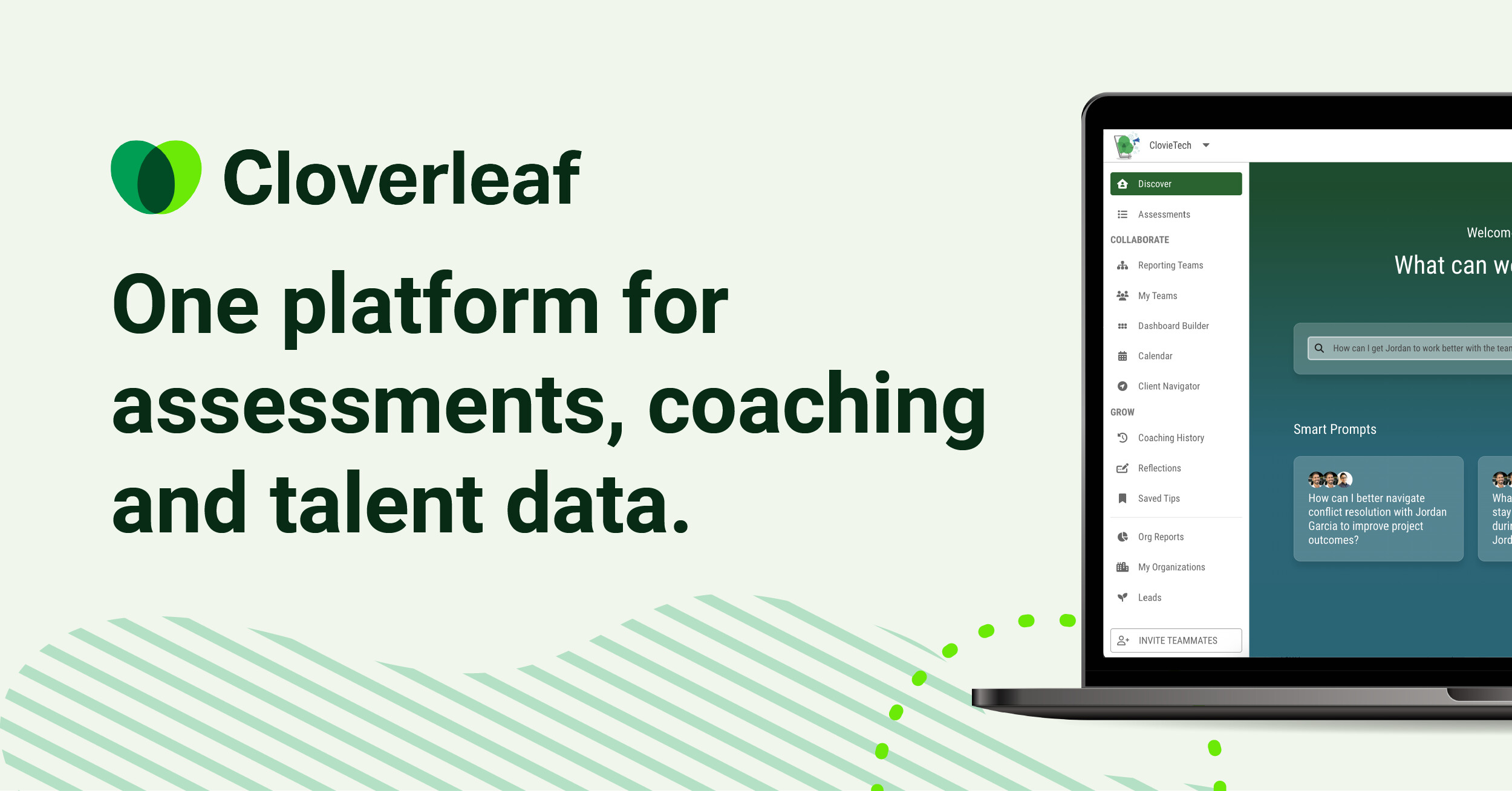Cloverleaf product dashboard shown on a laptop beside text describing assessments, coaching and talent data