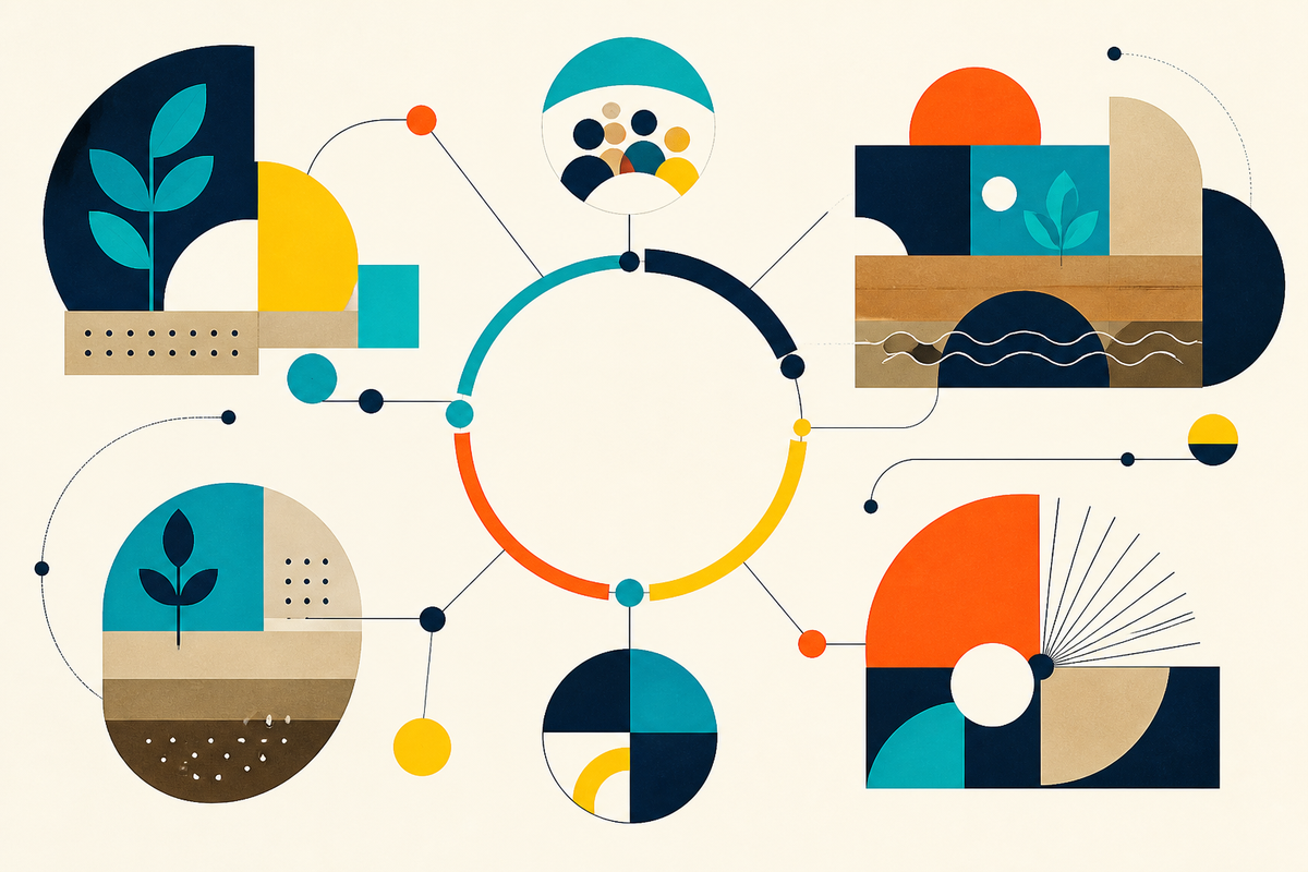 Abstract geometric network connecting communities, land, water and enterprise in a circular system