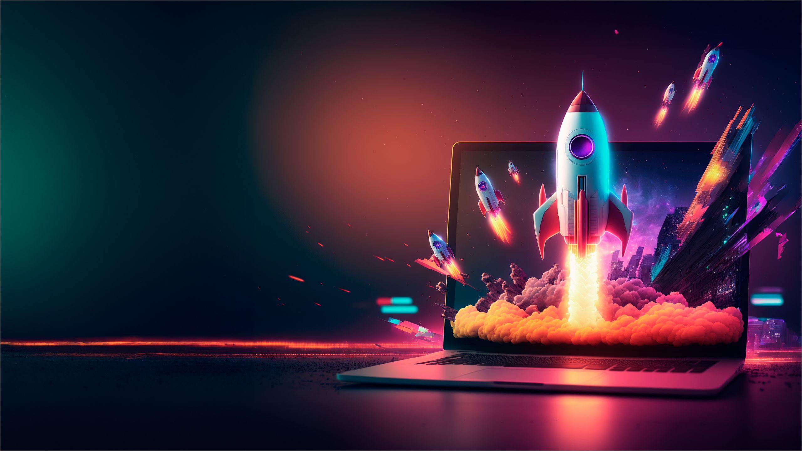 A vivid rocket launching from a laptop, part of CMA's current visual system