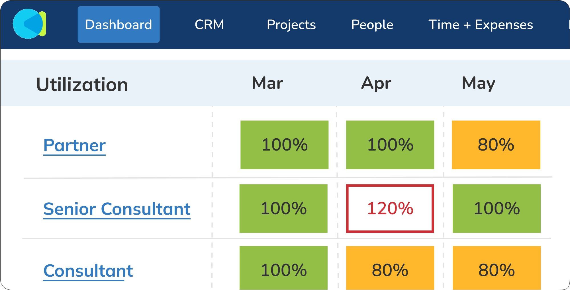 CMap product screenshot showing utilization percentages by role and month