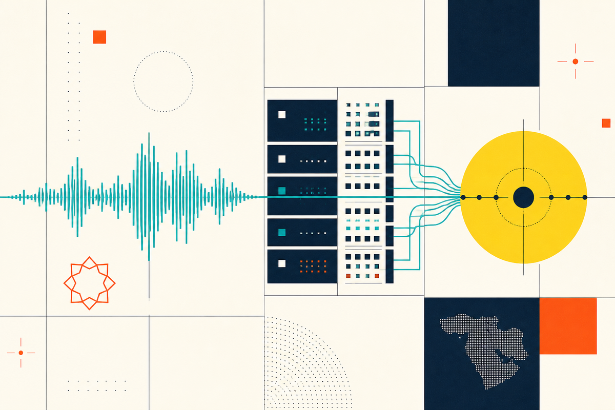 Abstract Swiss-style illustration of an Arabic audio waveform passing through structured data infrastructure into a precise model output