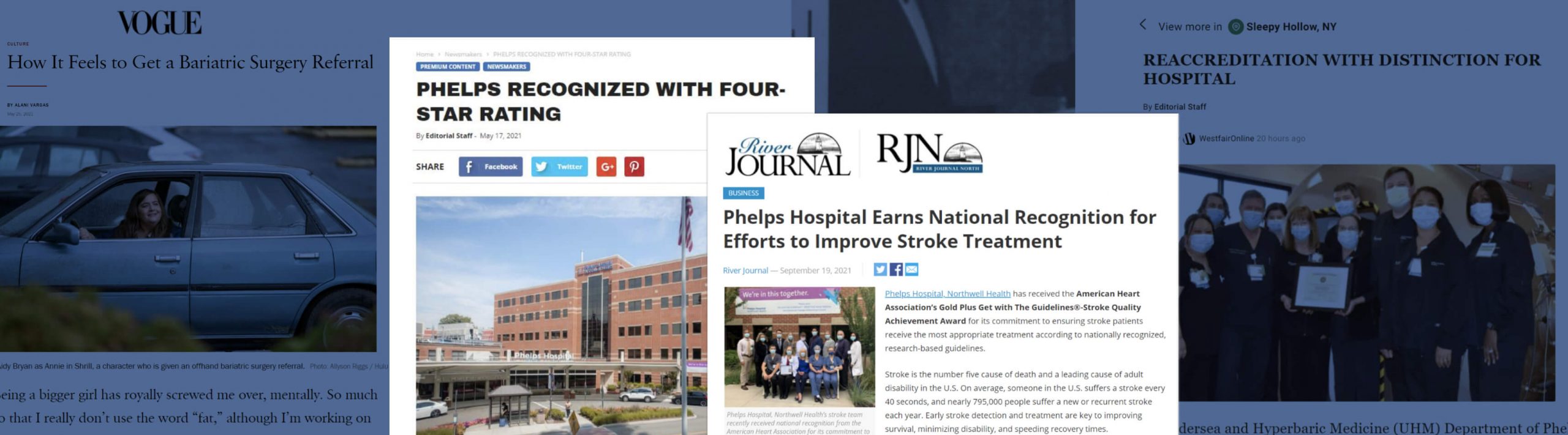 A montage of media coverage secured for Phelps Hospital, including Vogue, regional news and hospital recognition stories