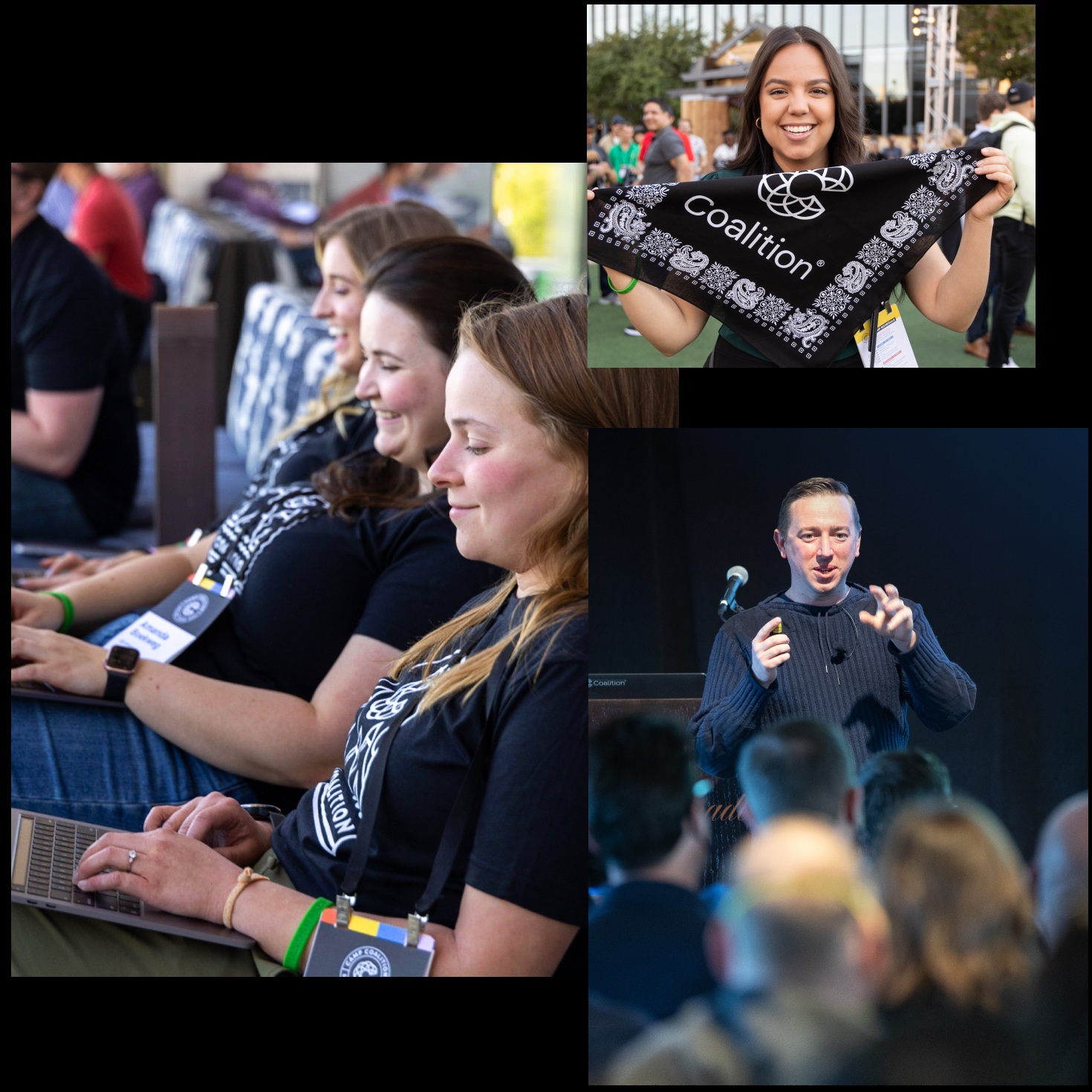 Coalition’s collage of employees working together, an event attendee holding a company bandanna, and a speaker on stage