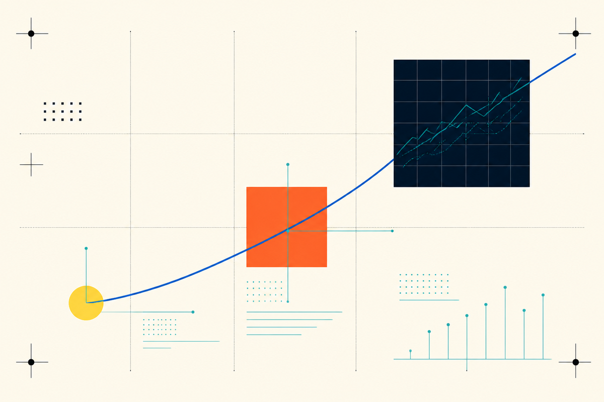 Abstract Swiss-style illustration of a curve passing through venture, growth and public-market stages