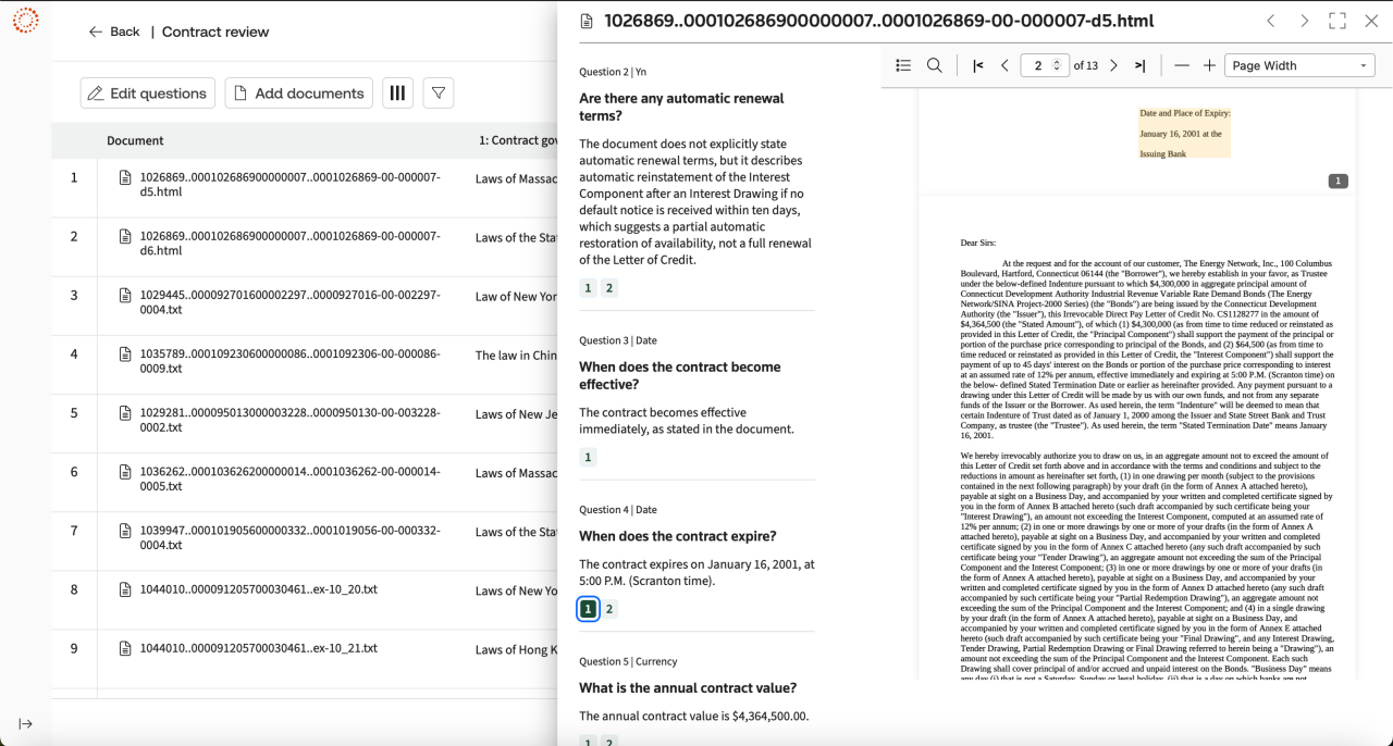 CoCounsel contract review interface showing document rows, answers, and linked source pages