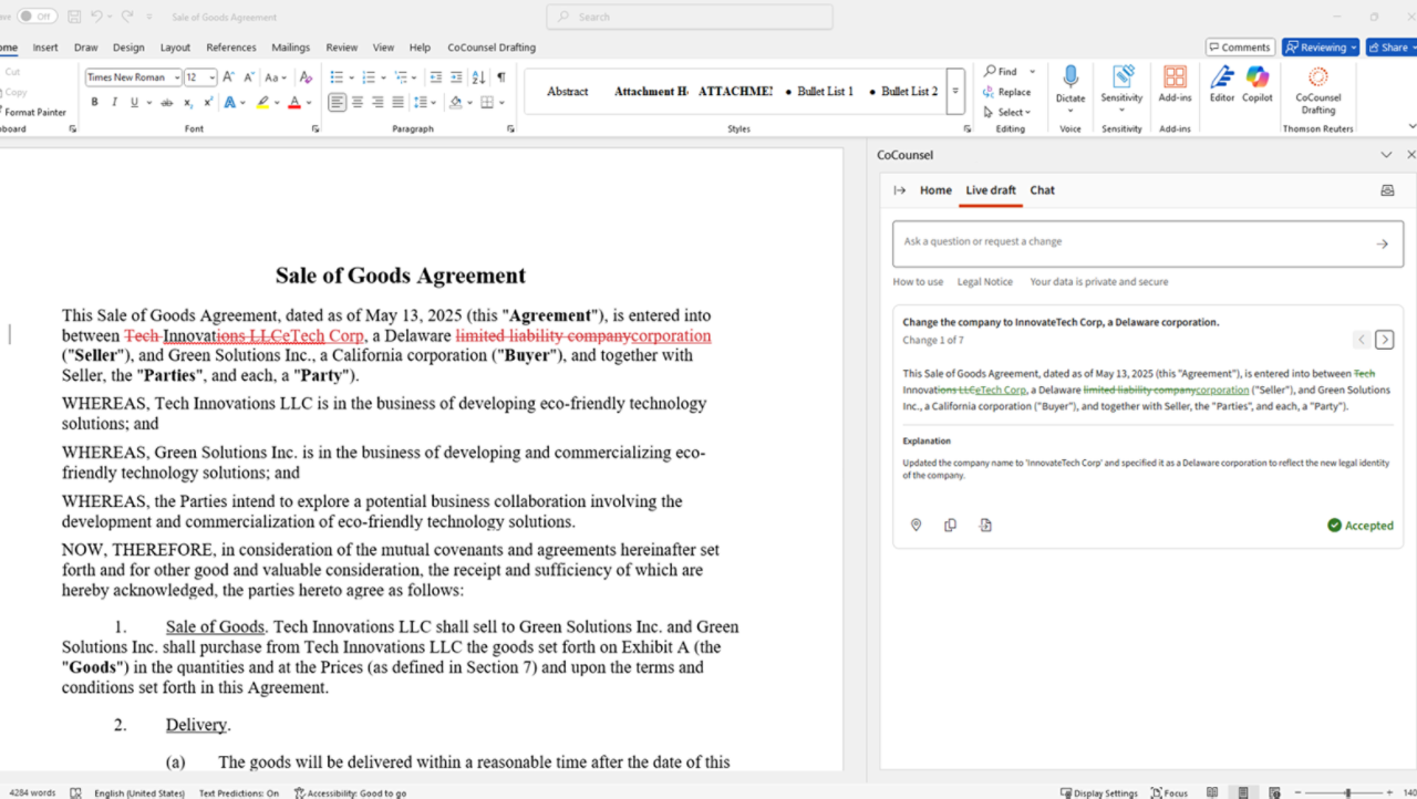CoCounsel Live Draft open beside a sale of goods agreement in Microsoft Word