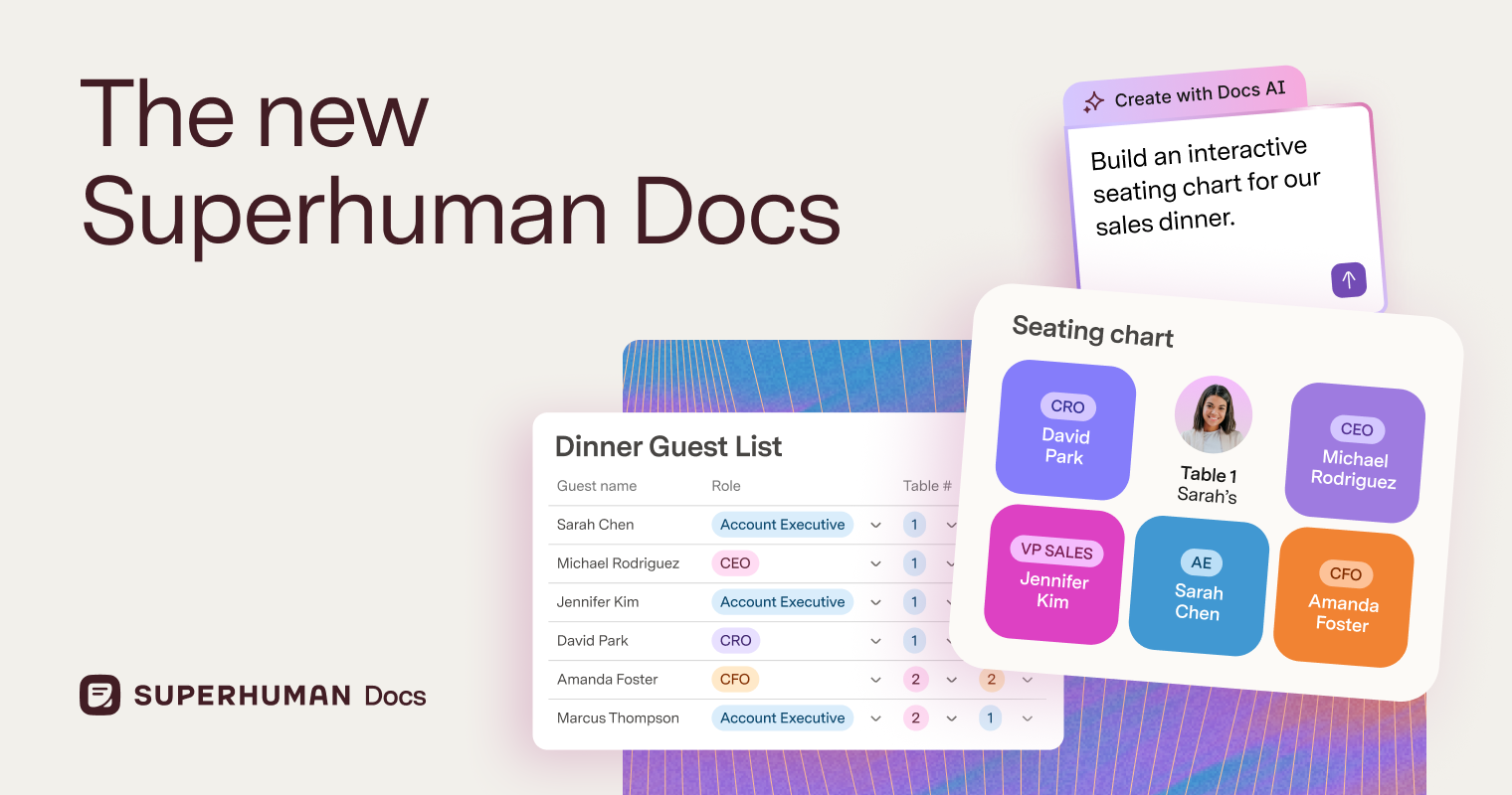 Superhuman Docs illustration showing Docs AI creating an interactive seating chart from a guest list