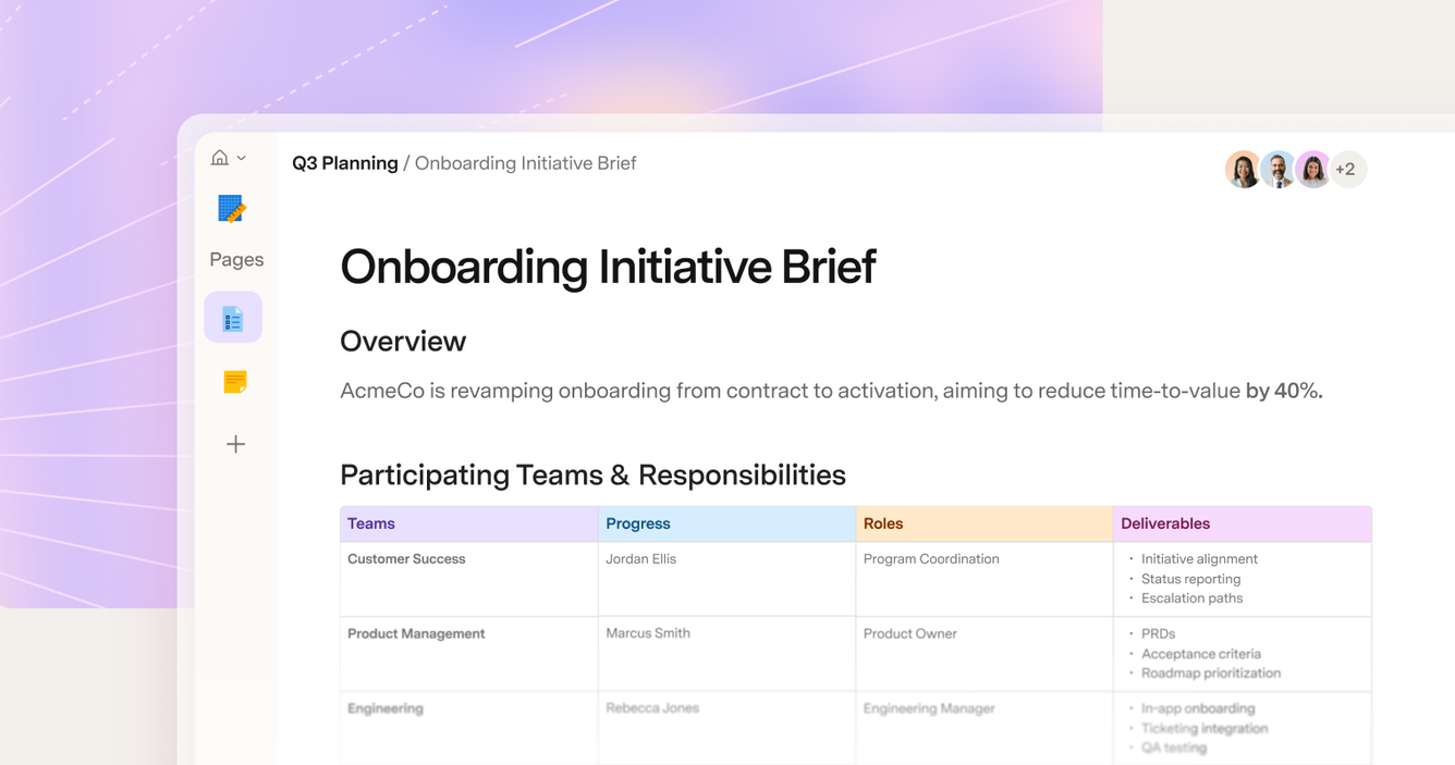Superhuman Docs interface showing an onboarding initiative brief and a structured table